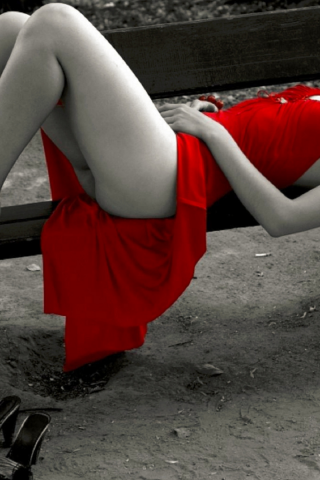 девушка, красное платье, скамейка, парк