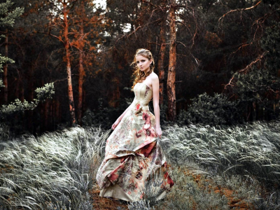 девушка, платье, лес