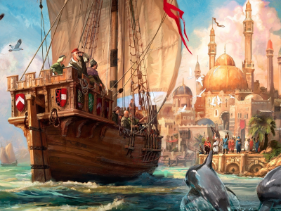 Море, корабль, дельфины, пристань, город, рисунок.