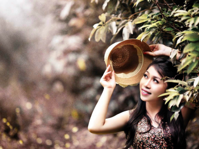 азиатка, платье, шляпа