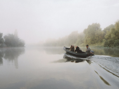 осень, река, туман, лодка, мотор