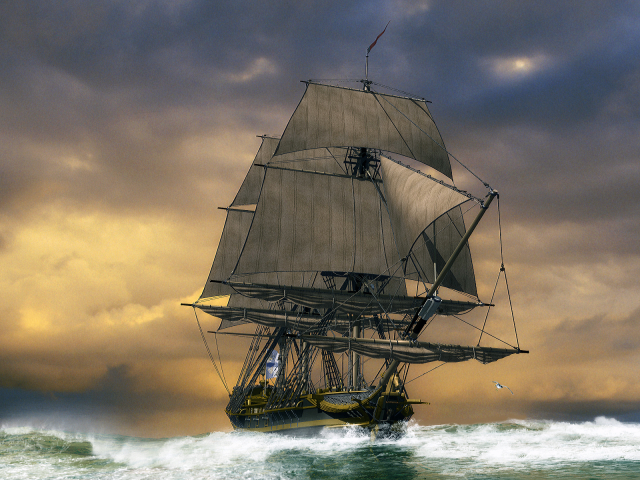 Море, шторм, парусник, корабль, картина, рисунок.