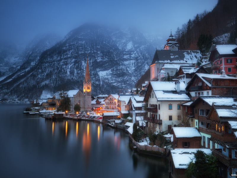 австрия, озеро, горы, зима, деревушка, вечер, огни