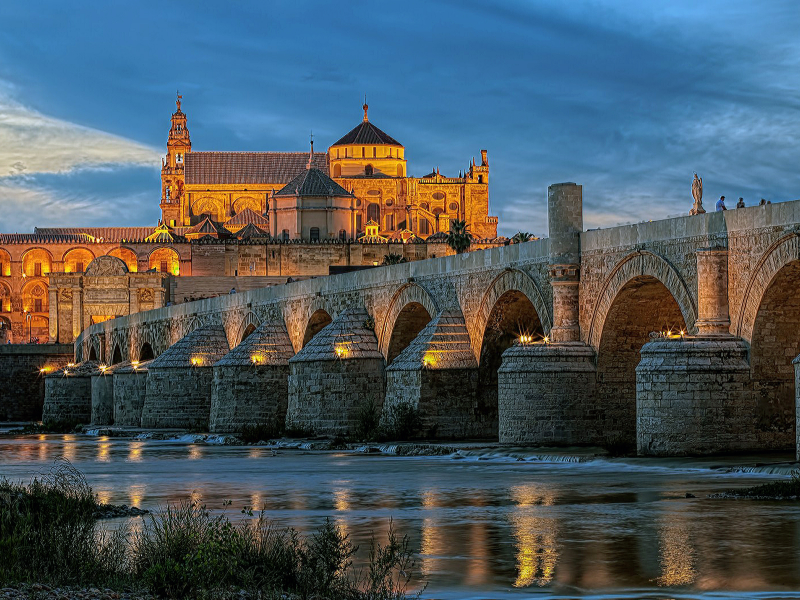 Испания, река, мост, вечер, огни, замок.
