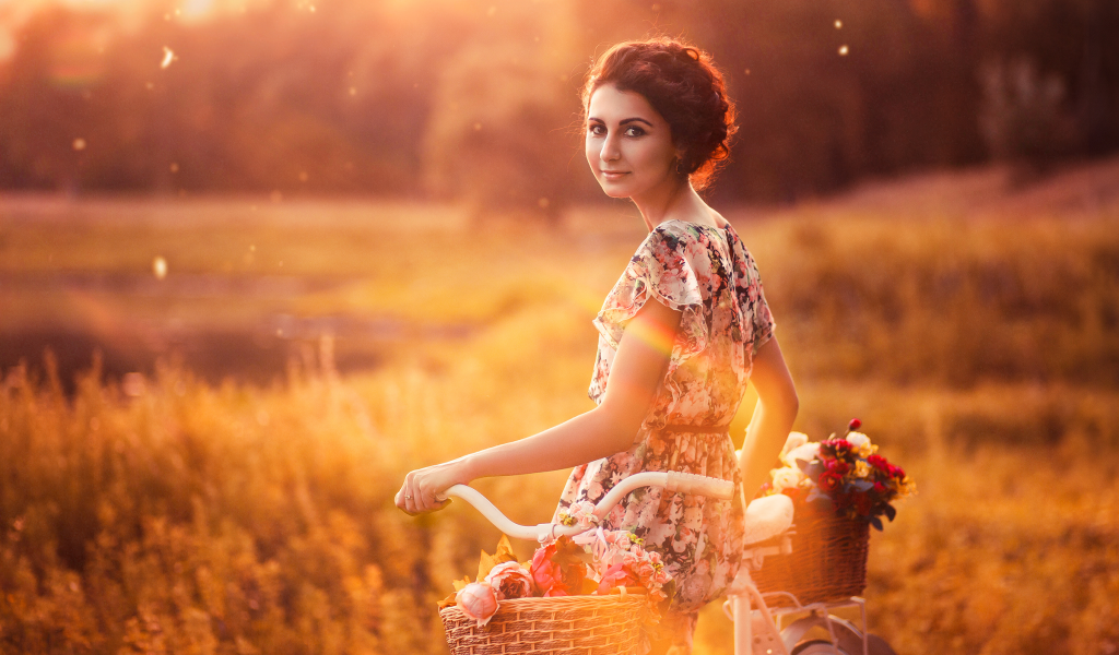 девушка, велосипед, корзины, цветы, вечер, закат