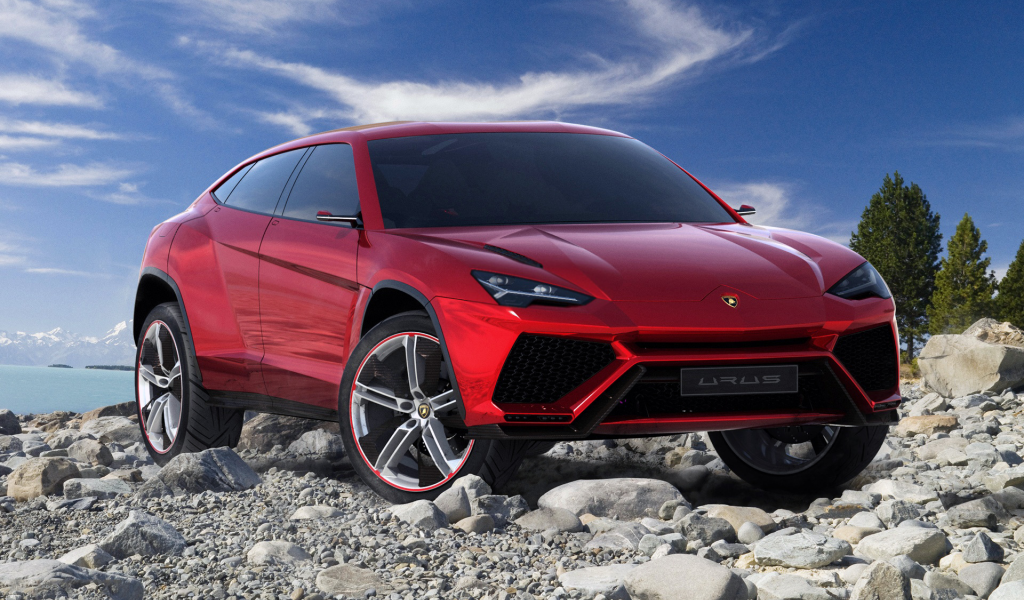 Небо, море, камни, авто, Lamborghini Urus, кроссовер.