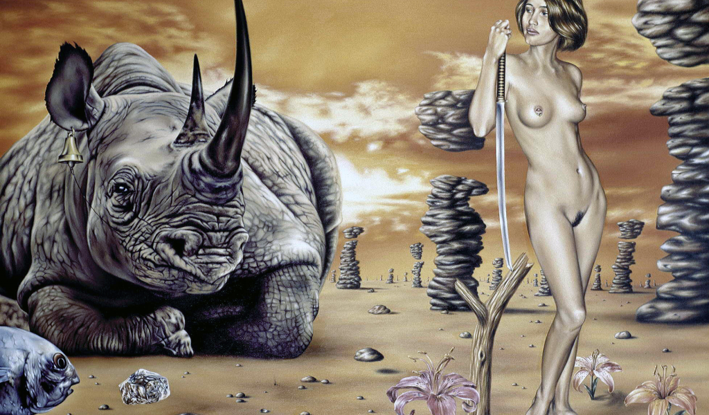 Картина, сюрреализм, девушка, носорог, рыба, камни, меч.