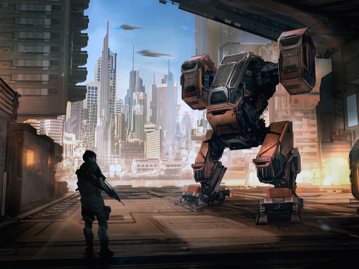 Город, улица, человек, робот, фантастика.