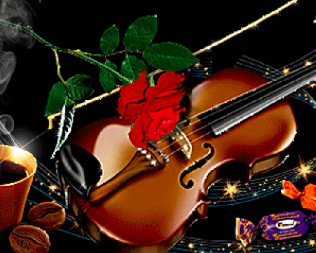 скрипка, темный фон, роза