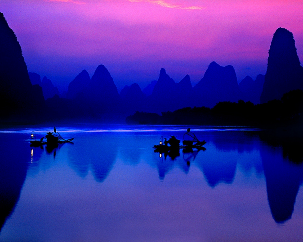 Китай, ночь, горы, рыбак, река, лодка