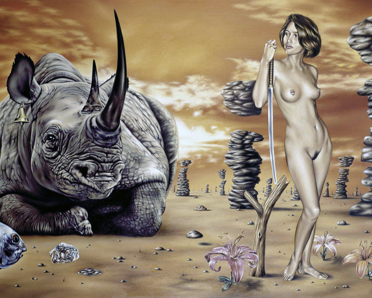 Картина, сюрреализм, девушка, носорог, рыба, камни, меч.