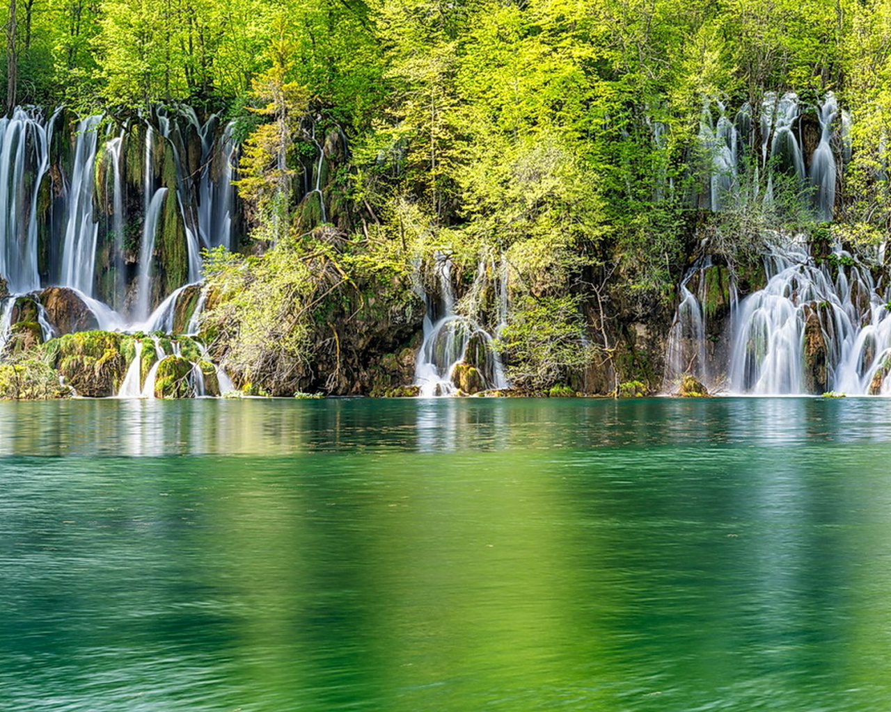 водопад, озеро, деревья, поток