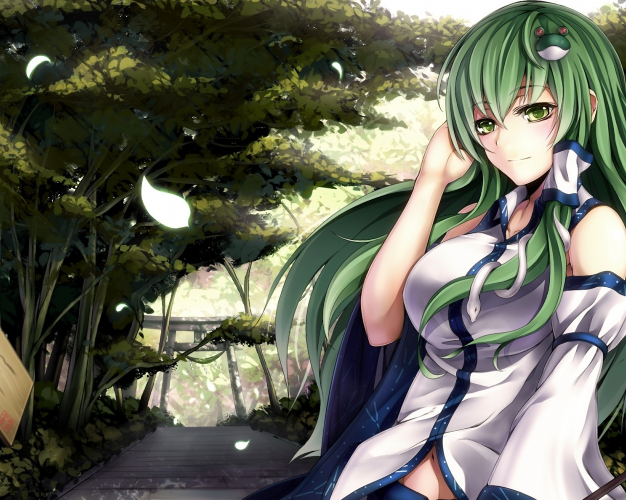 izayoi-saki, девушка, арт, ветер, touhou, kochiya sanae, зеленые волосы