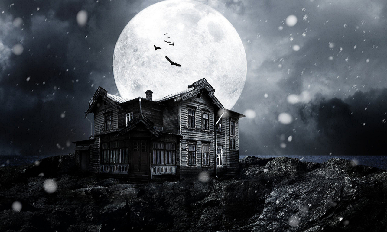 Ночь, Луна, дом, летучие мыши, снег