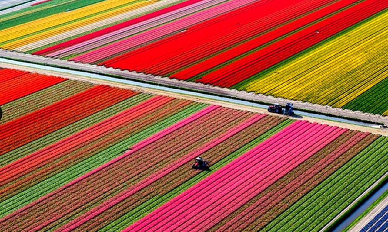 Нидерланды, тюльпановые поля, цветы, тюльпаны, трактор