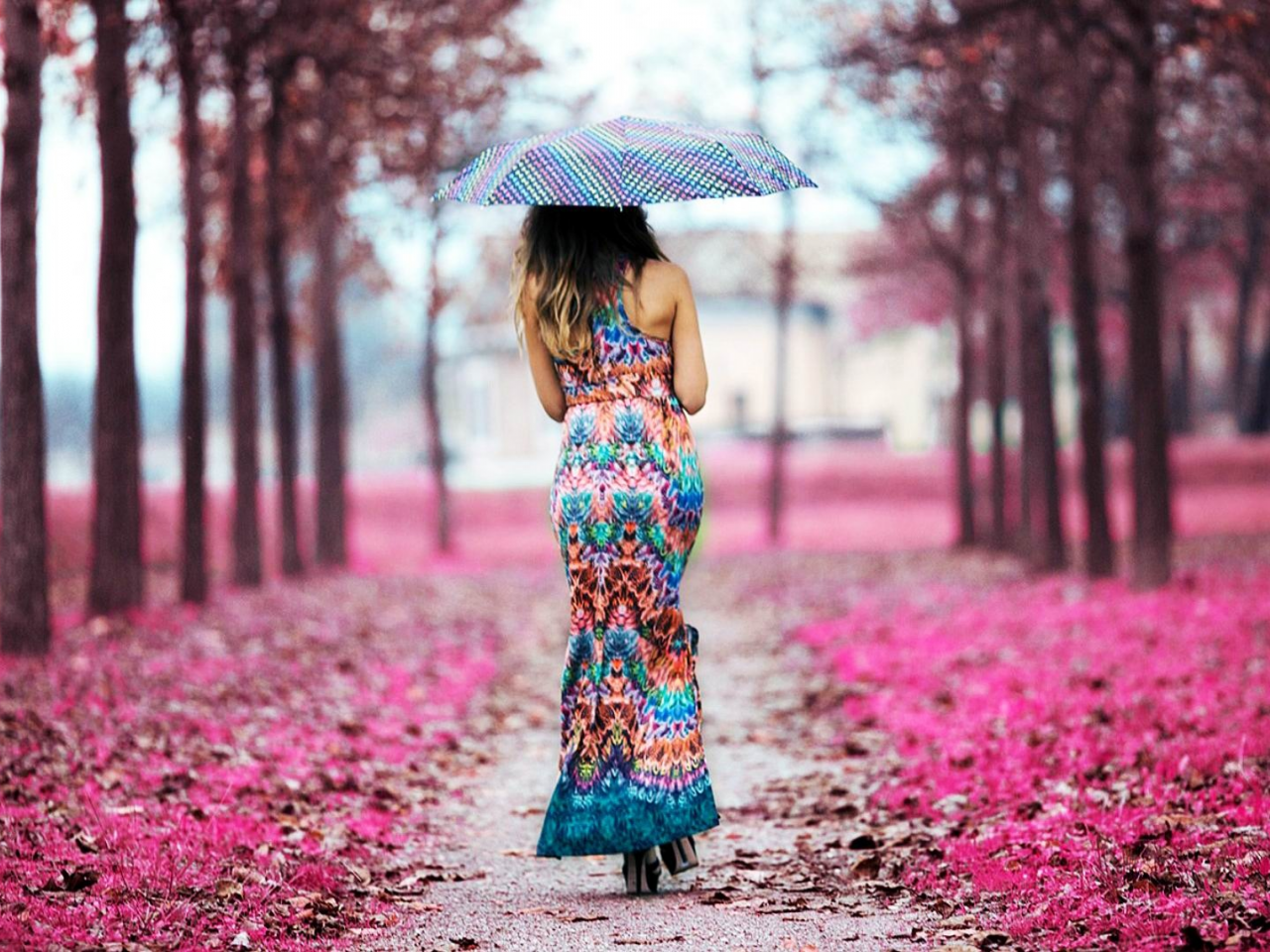 девушка, платье, зонт, осень