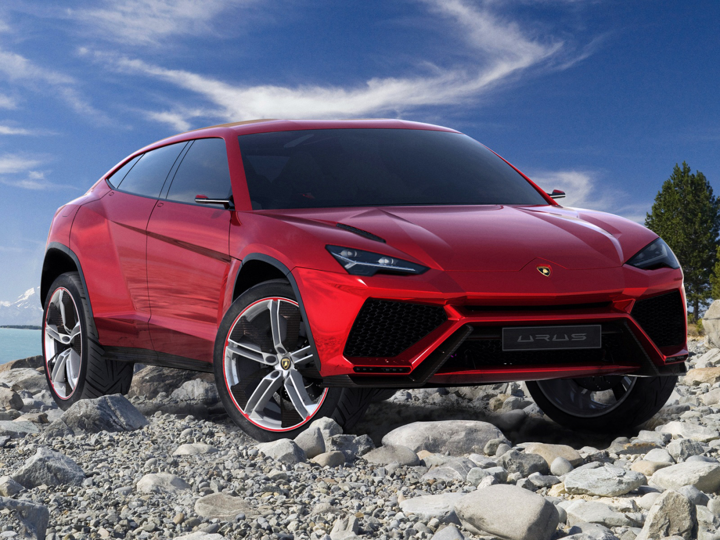 Небо, море, камни, авто, Lamborghini Urus, кроссовер.