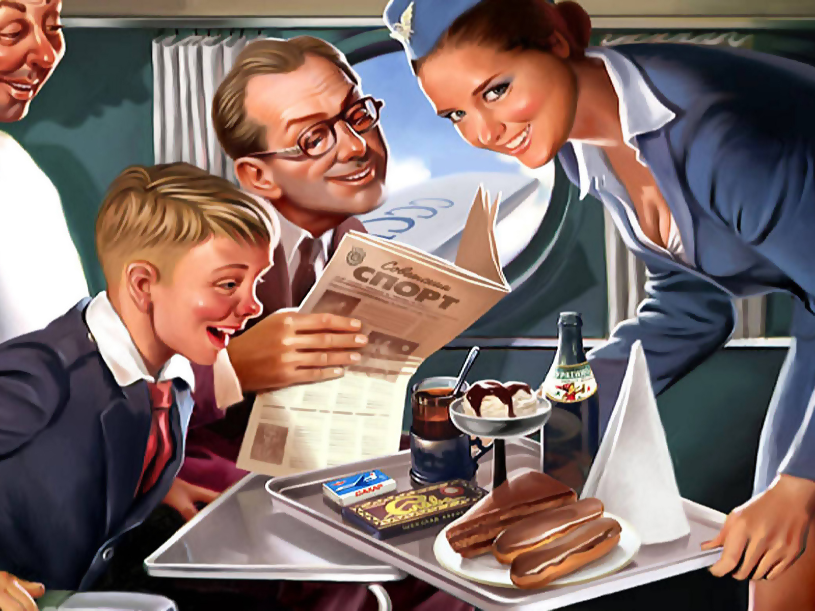 Стюардесса, пассажиры, сервис, плакат, реклама, рисунок, СССР