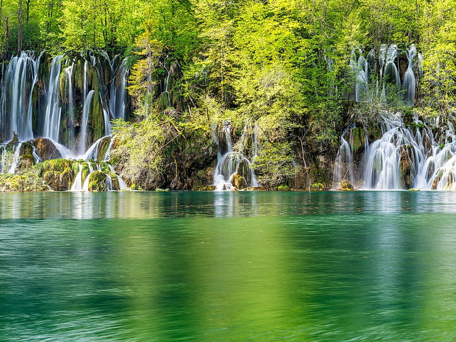 водопад, озеро, деревья, поток