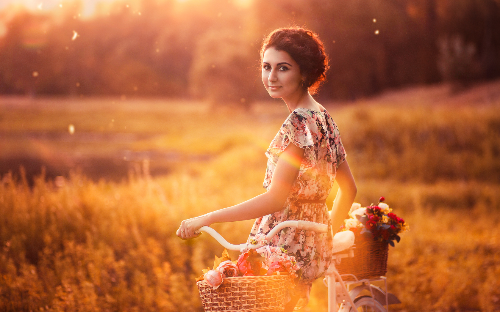 девушка, велосипед, корзины, цветы, вечер, закат
