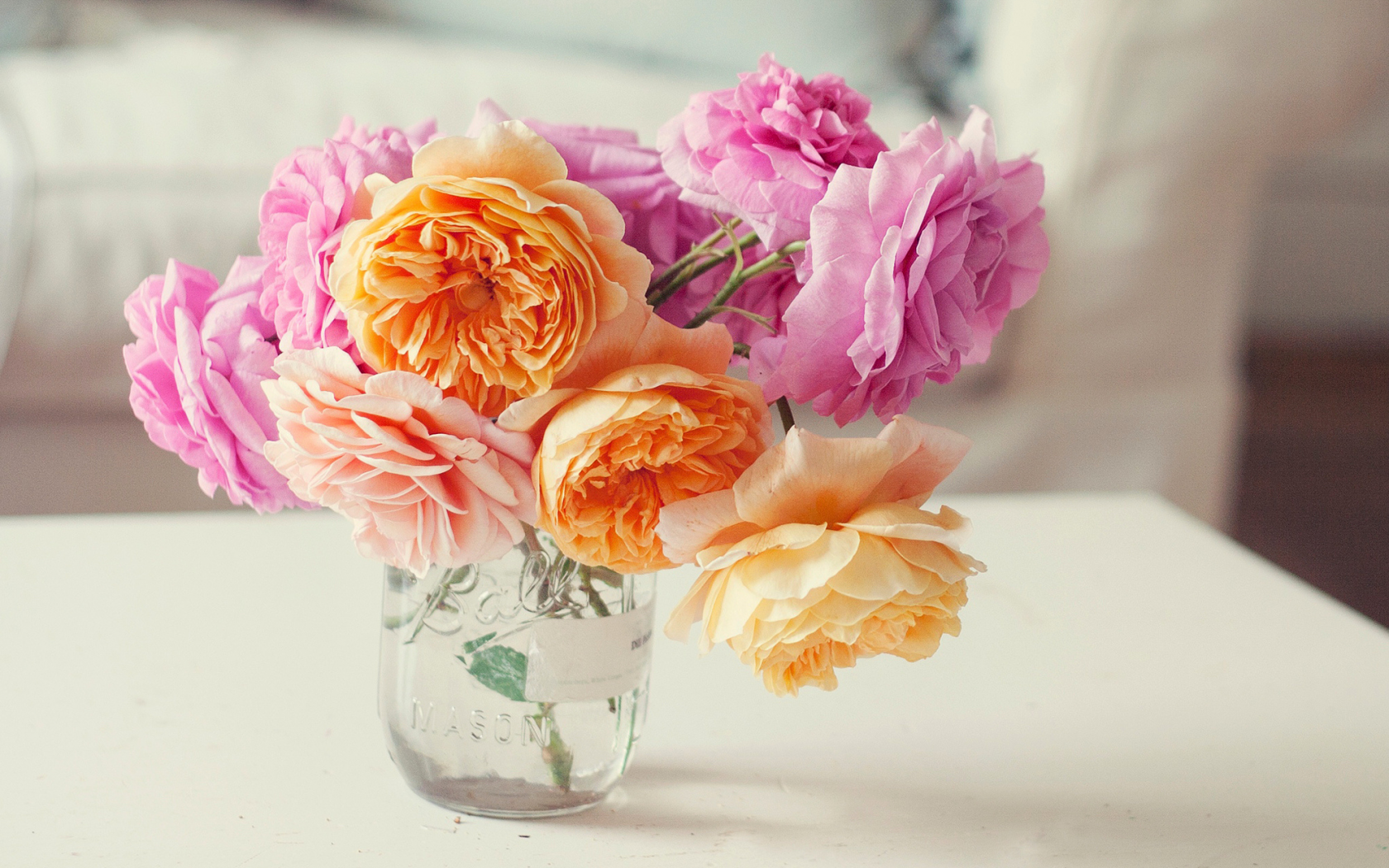цветы, розовые, лепестки, розы, оранжевые, букет, банка
