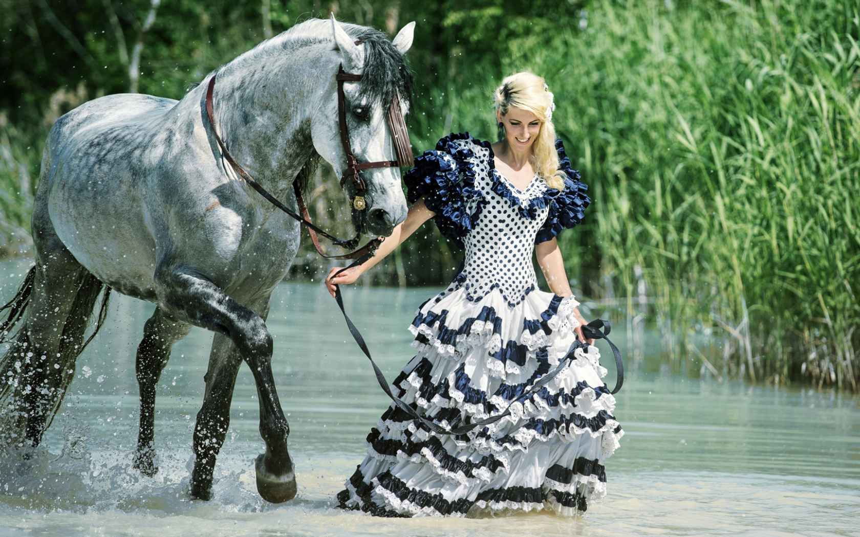 девушка, платье, конь