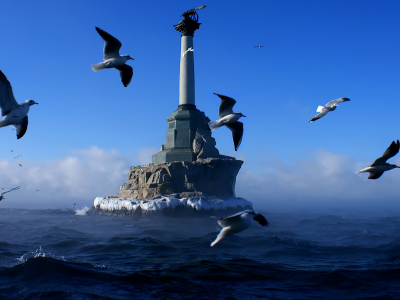 Море, Севастополь, памятник затопленным кораблям, птицы.