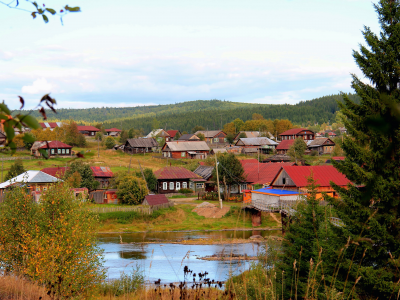 Леса, дома, река, деревня, Россия.