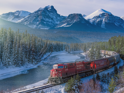 Поезд, жд, горы, лес, зима, Канада.