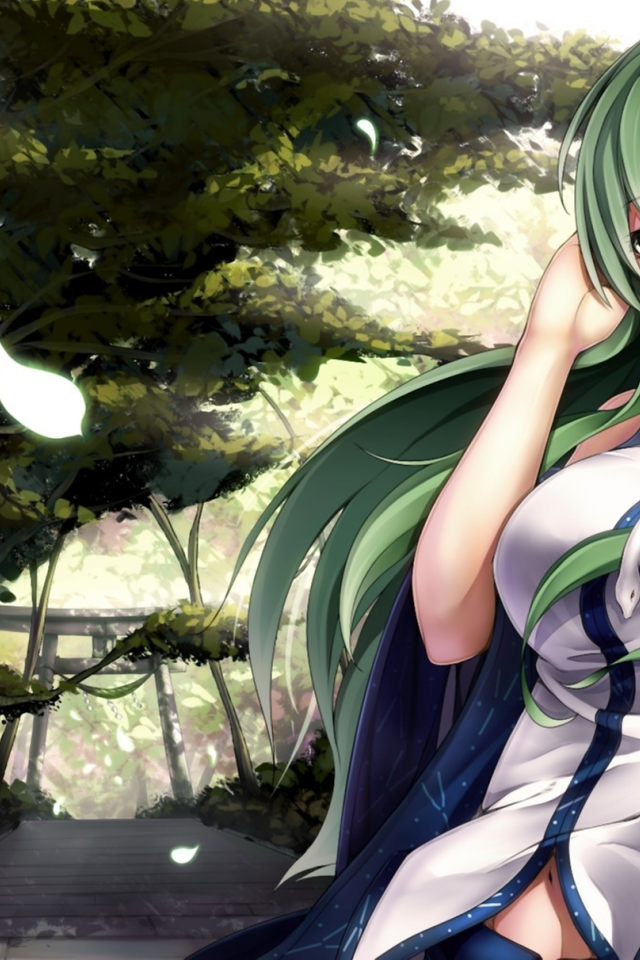 izayoi-saki, девушка, арт, ветер, touhou, kochiya sanae, зеленые волосы