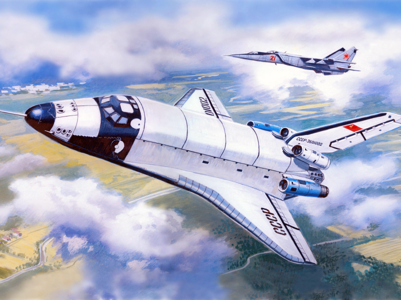 Небо, облака, самолет, космический корабль, Буран, СССР