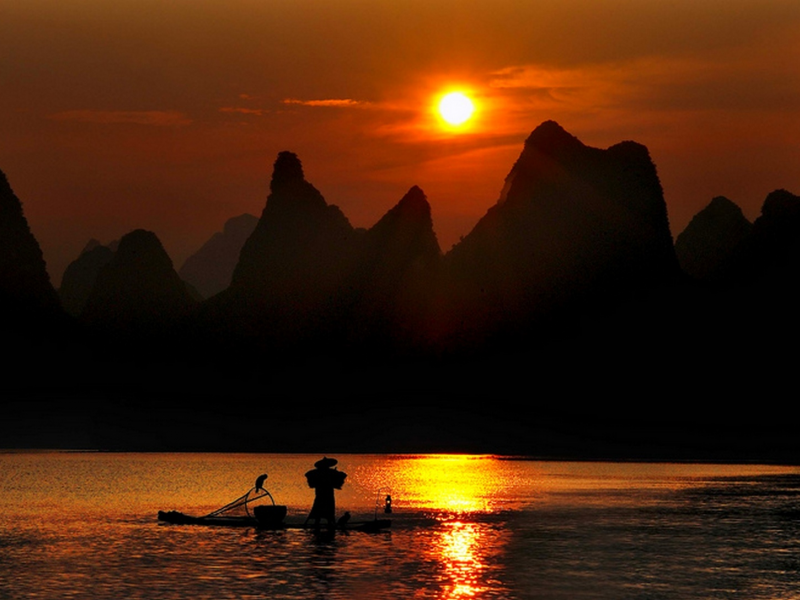 Китай, ночь, горы, рыбак, река, лодка