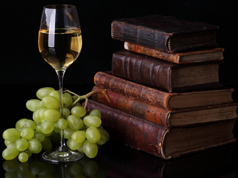 пища для ума, бокал, книги, вино, виноград, еда