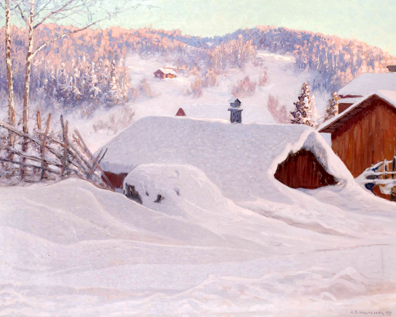 крыши, anshelm schultzberg, пейзаж, картина, дома, сугробы, зима