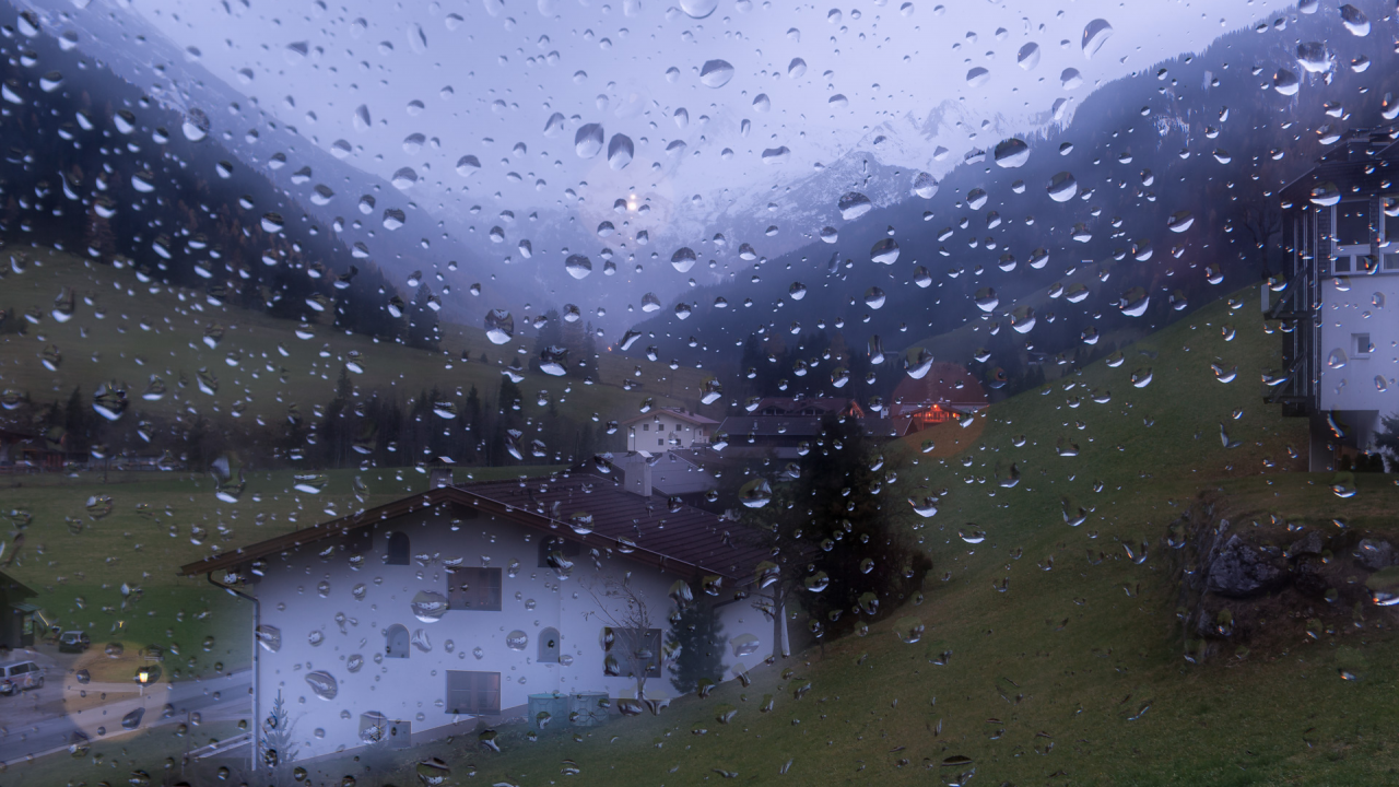 непогода, окно, капли, вид, дождь, дома, село, горы