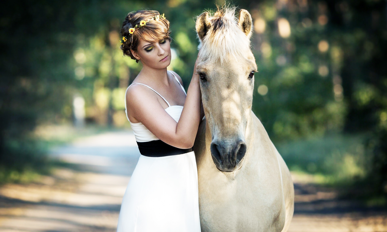 девушка, платье, белое, конь