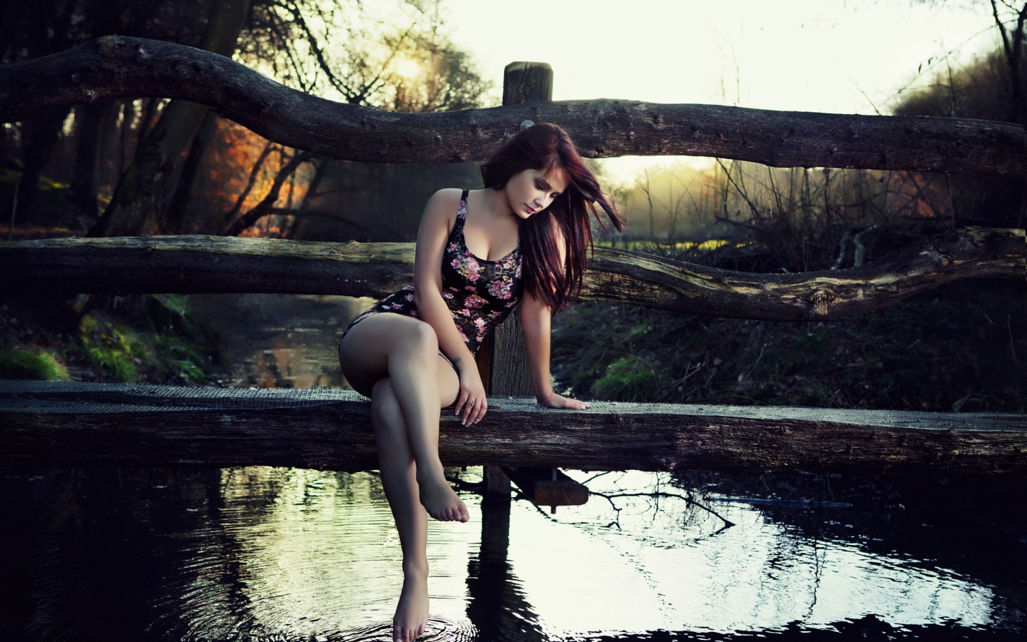 девушка, водоём, природа, деревянный, мостик