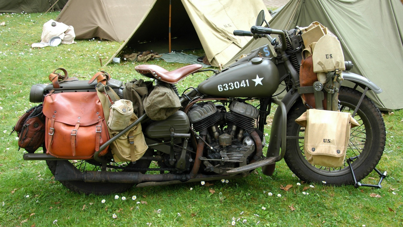 Поляна, трава, палатки, мото, Harley, ретро, армия, США