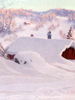 крыши, anshelm schultzberg, пейзаж, картина, дома, сугробы, зима