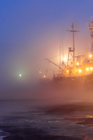 Порт, туман, огни, лёд, корабль.