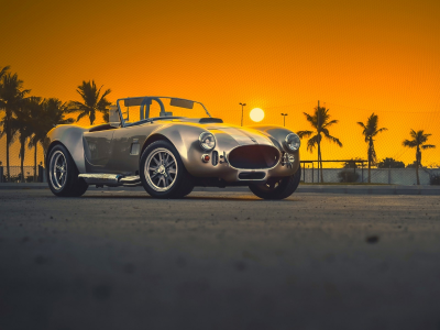 Заря, асфальт, пальмы, авто, Shelby-Cobra-coupe.