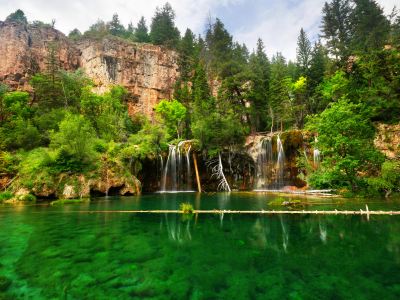 озеро, скалы, водопад, деревья, пейзаж