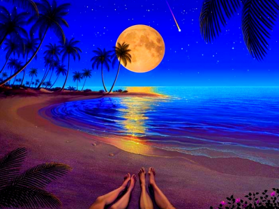 луна, море, пляж, пальмы