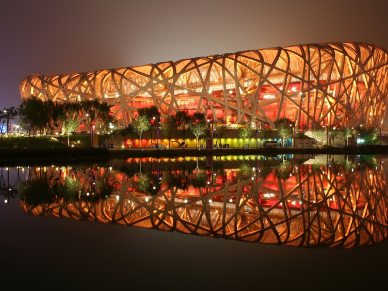 гнездо, пекин, огни, олимпиада, стадион, вечер