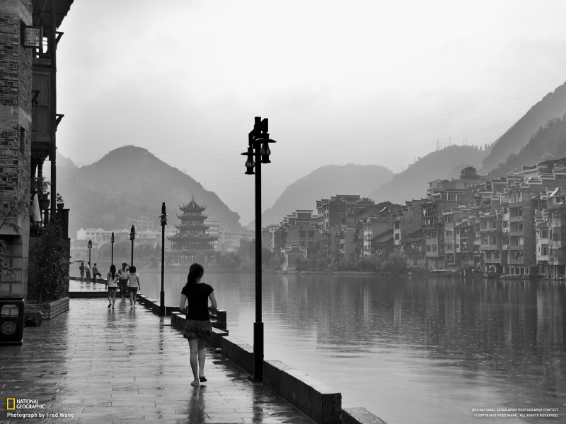 rain, national geographic, girl, houses, hill, black and white, china, photos, river, fred wang