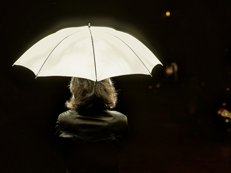зонт, ночь, белый, люминесцентный, женщина, дождь