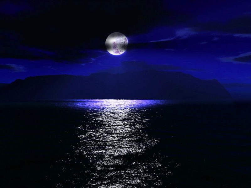 луна, море, ночь, горы