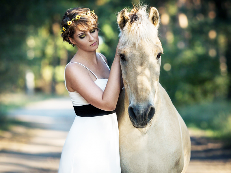 девушка, платье, белое, конь