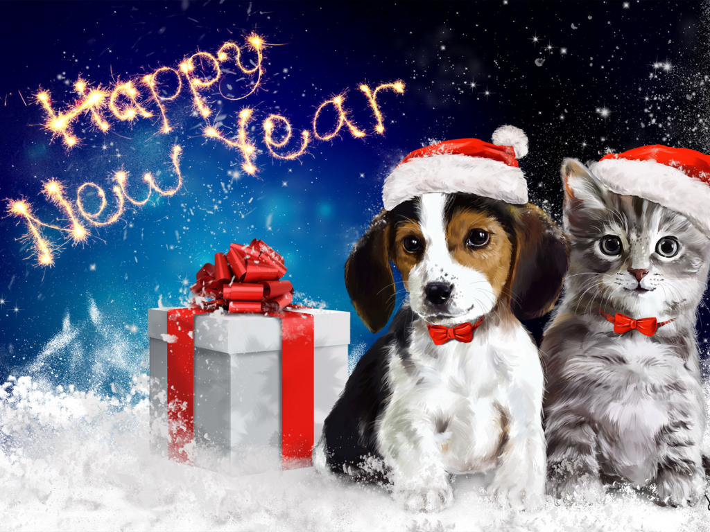 животные, арт, котик, happy new year, собачка, новый год