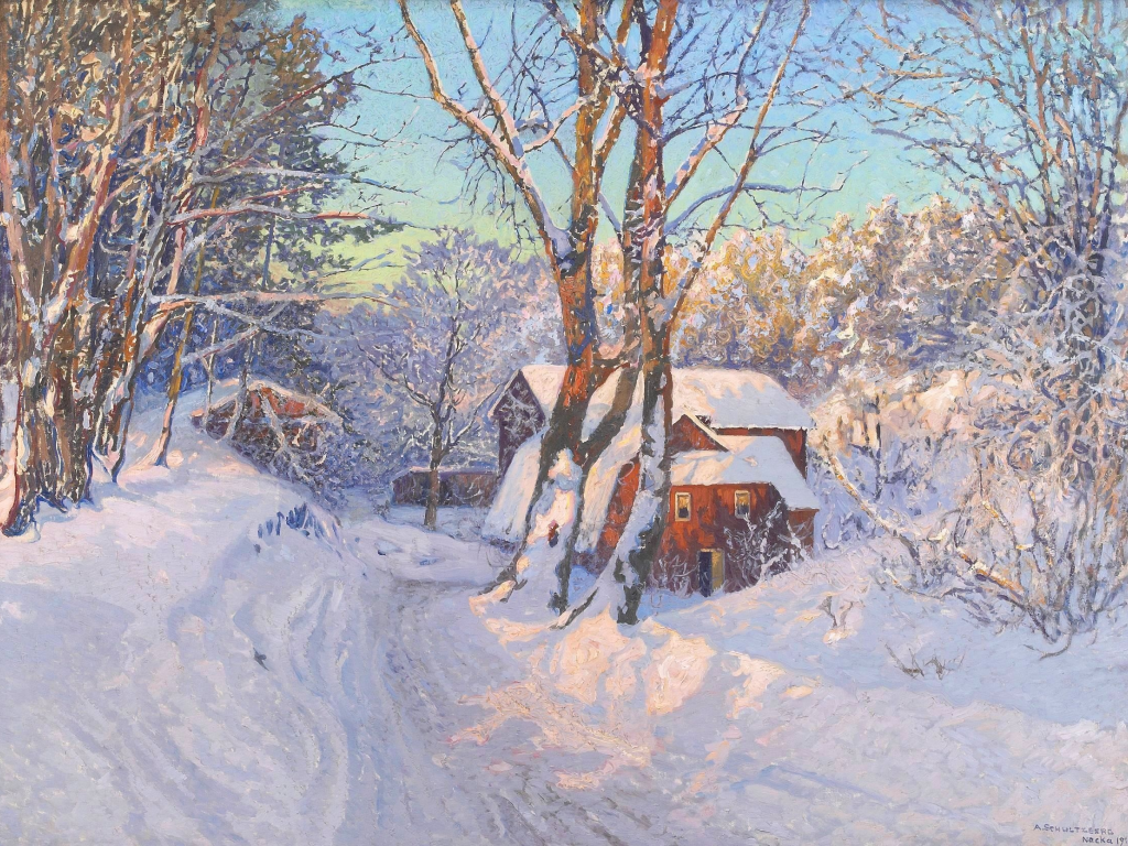 домик, зима, anshelm leonard schultzberg, пейзаж, снег, рассвет